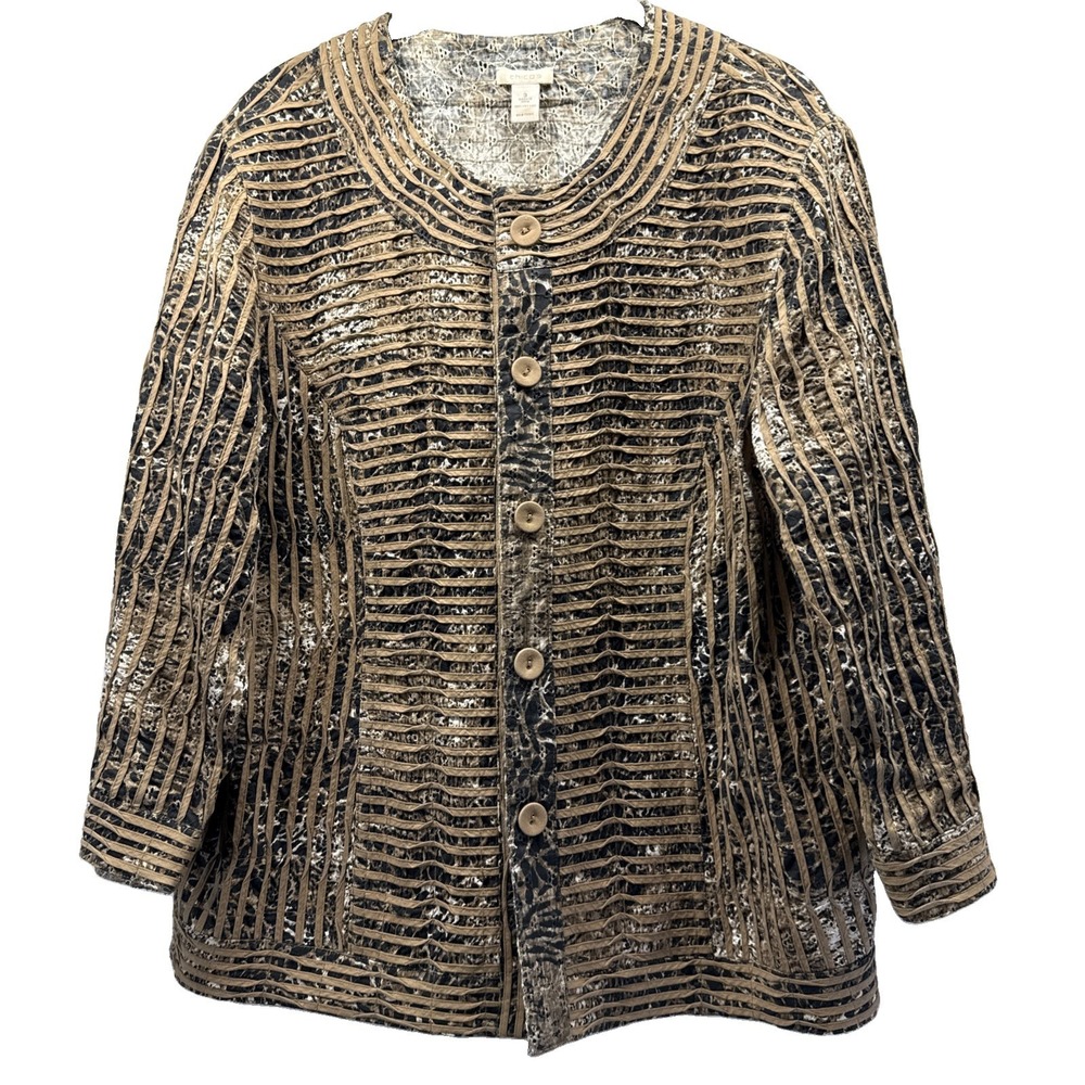 Chicos Women's Jacket Size XL Brown Black Artsy 3/4 Sleeves Open Unlined Buttons